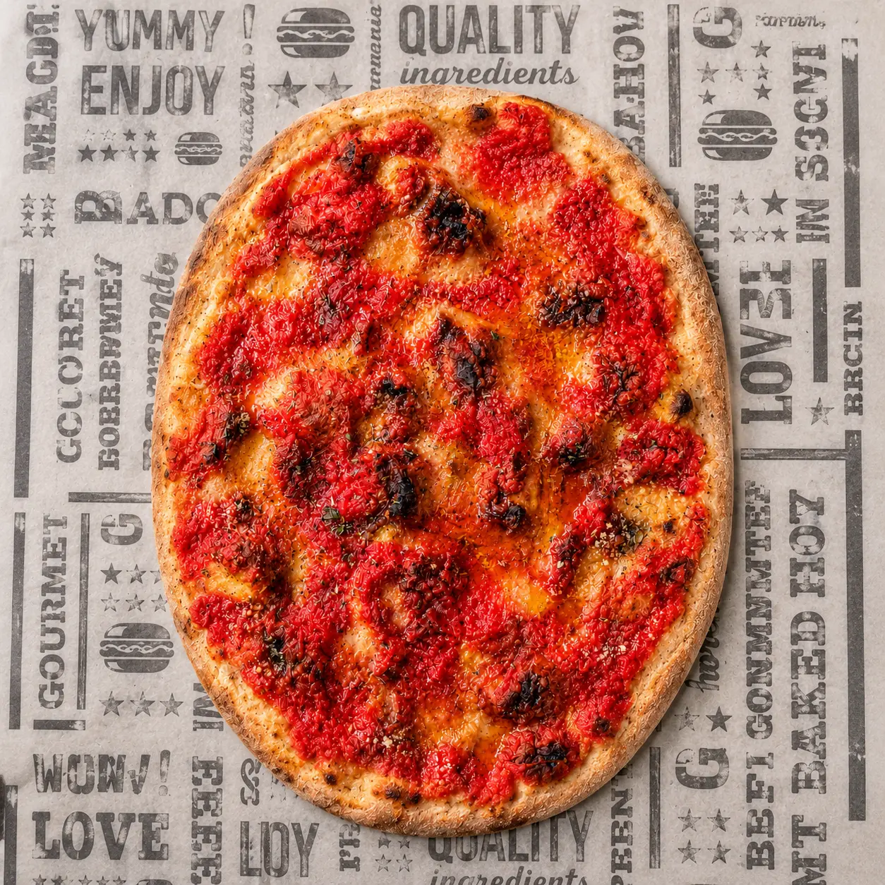 Finished oval Roman-style pinsa with tomato, showing the wholesale base shape